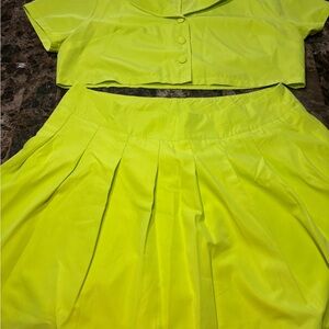 SHEIN Neon Green Pleated Skirt and Cropped Button Top Set